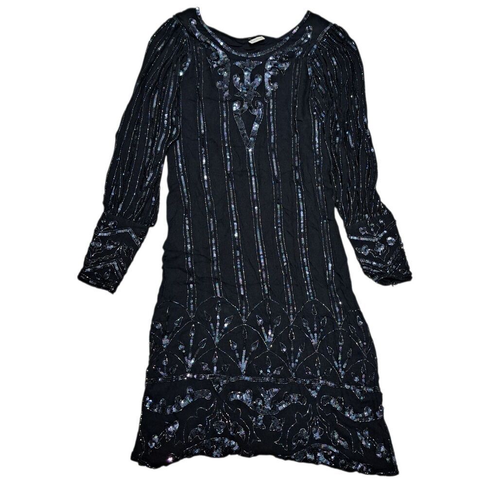 Vintage Henri Bendel Pure Silk  Sequins 80's Disco Party Gothic Mini Dress Small